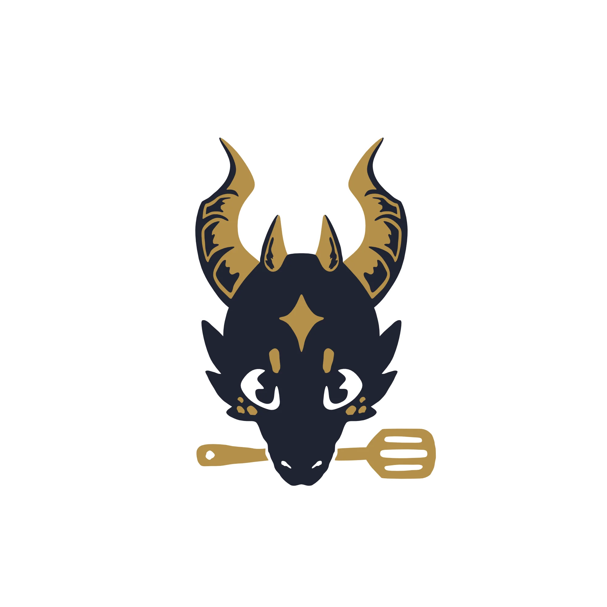 Cartoon dragon head with horns and a spatula, playful restaurant logo.