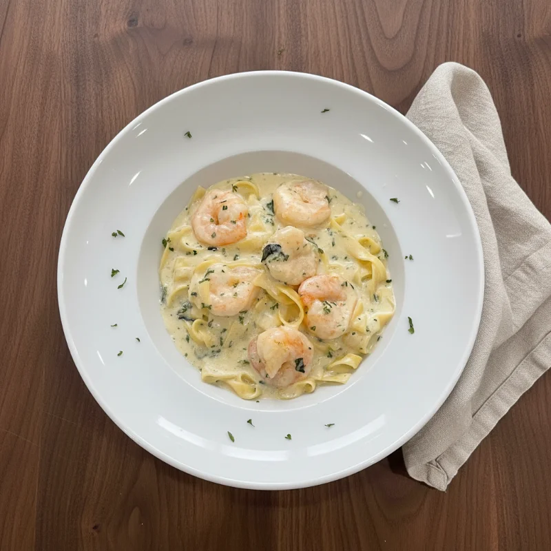 A bowl of creamy pasta with shrimp, garnished with herbs. The dish features fettuccine noodles coated in a rich sauce.