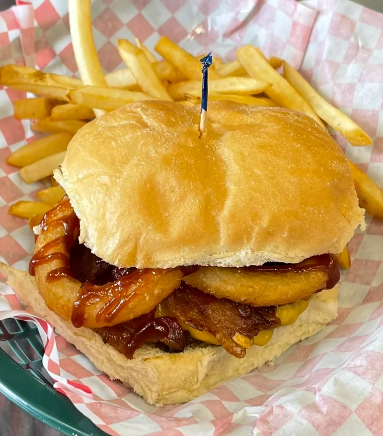 BBQ bacon cheeseburger with fries