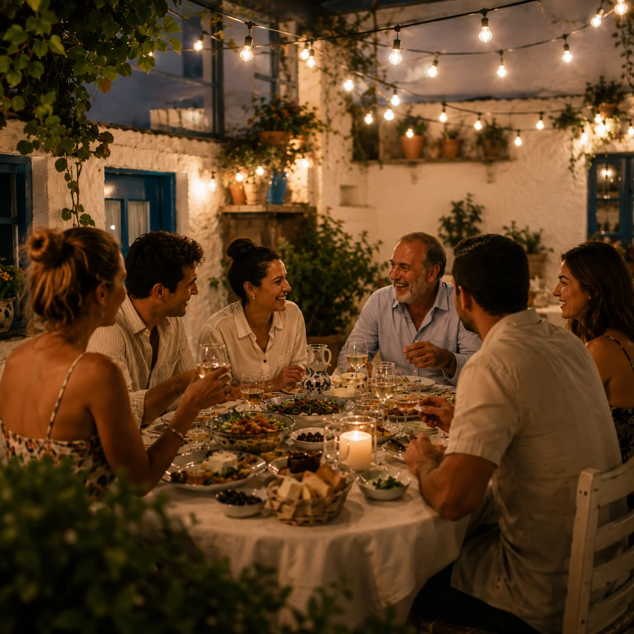Group enjoying Mediterranean feast under string lights