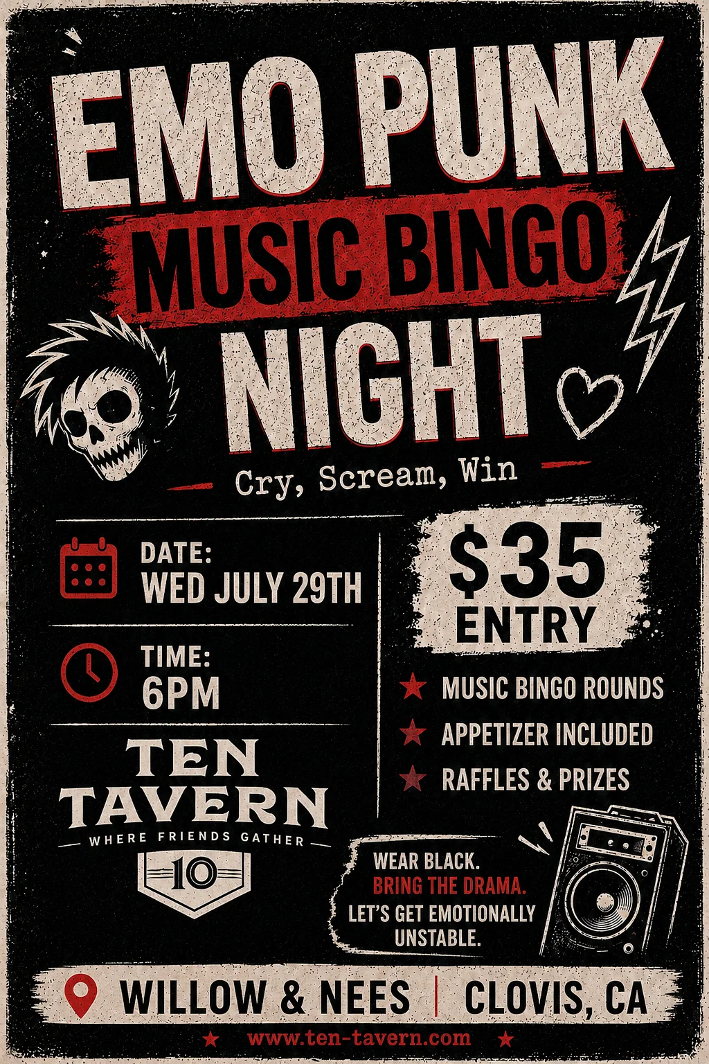 EMO Punk Music Themed Bingo