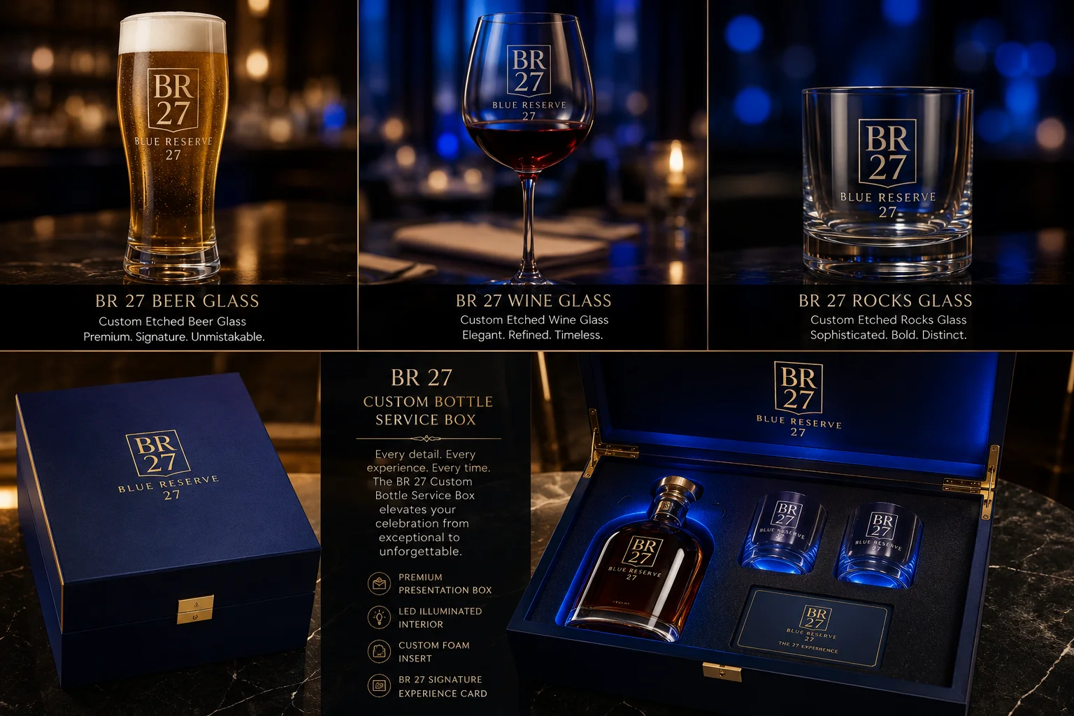 A collection of premium glassware and a custom presentation box. It includes a beer glass, a wine glass, and a rocks glass, all elegantly etched with a signature logo, alongside a luxurious service box containing a bottle and two additional glasses.