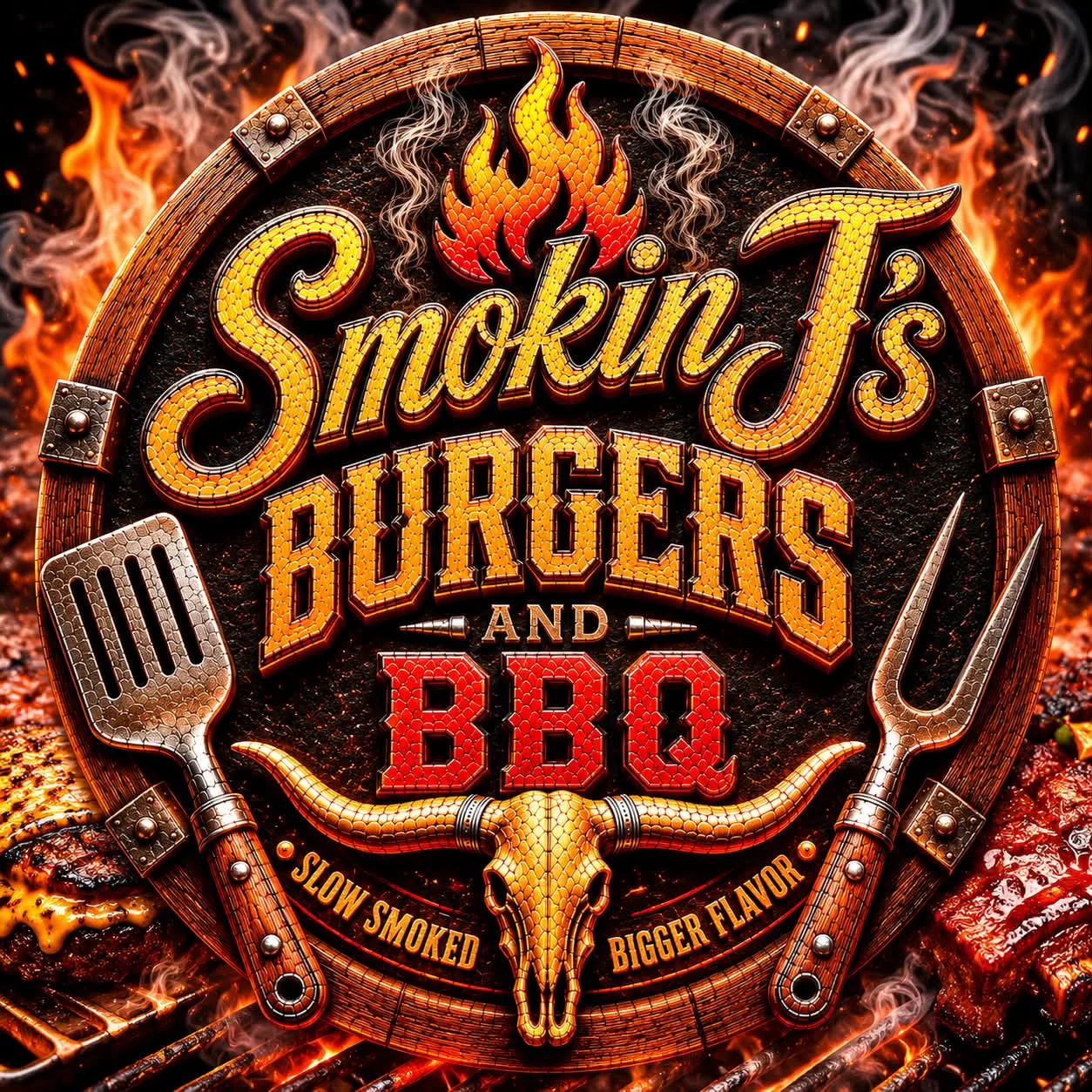 A vibrant logo for a BBQ restaurant featuring flames, a spatula, and a bull skull, set against a backdrop of smoky BBQ elements.