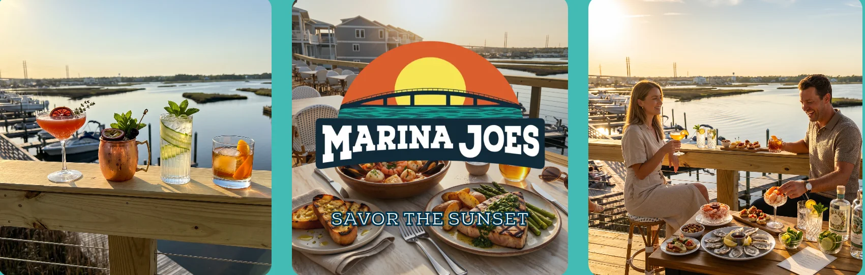 Scenic waterfront dining with cocktails and sunset views