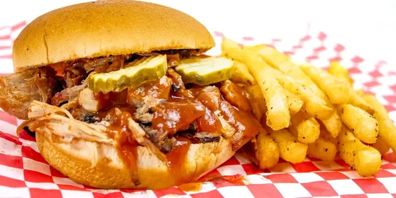 Pulled pork sandwich with pickles and fries