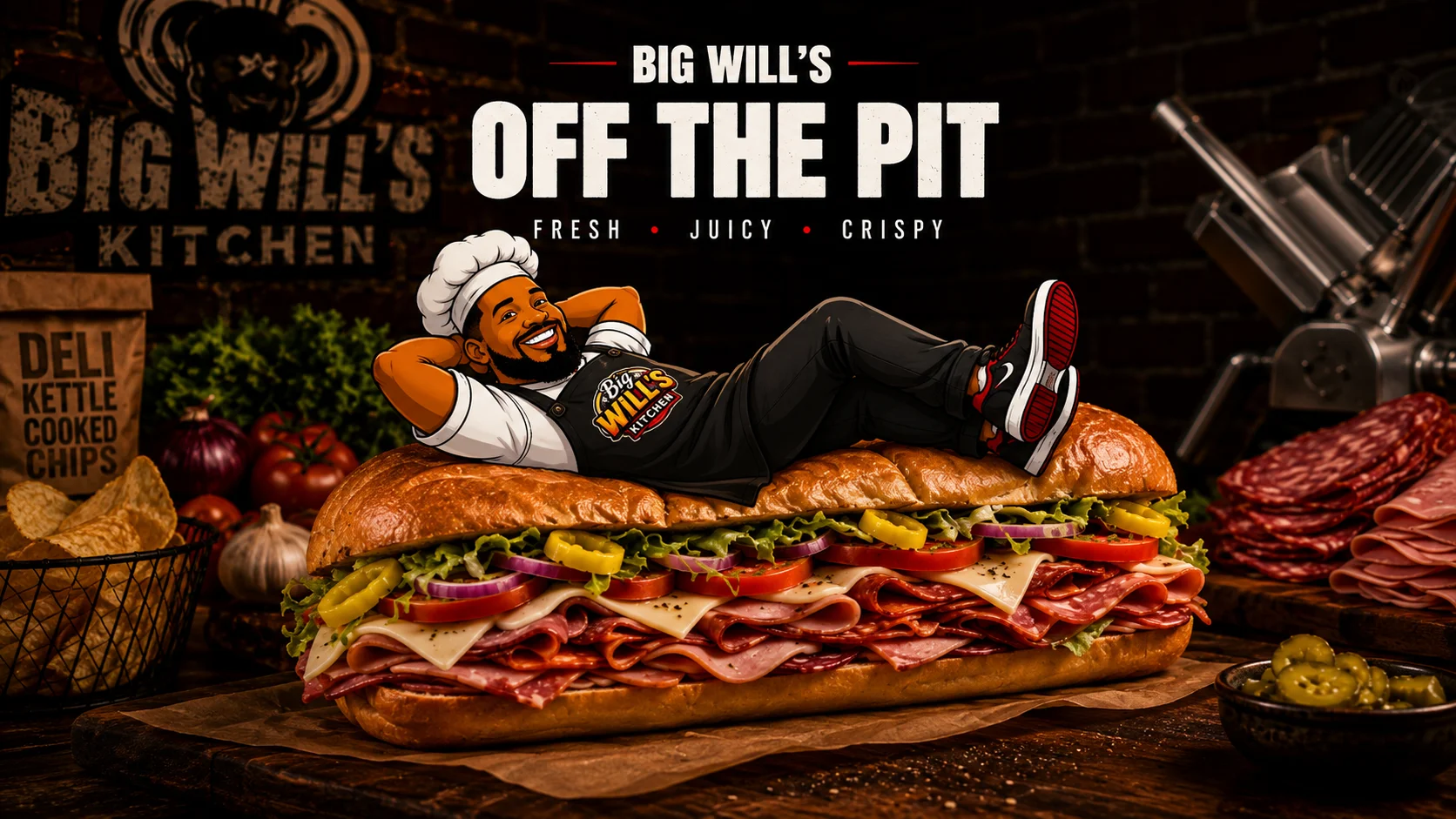 Logo of Big Will's Off The Pit restaurant featuring fresh and crispy offerings