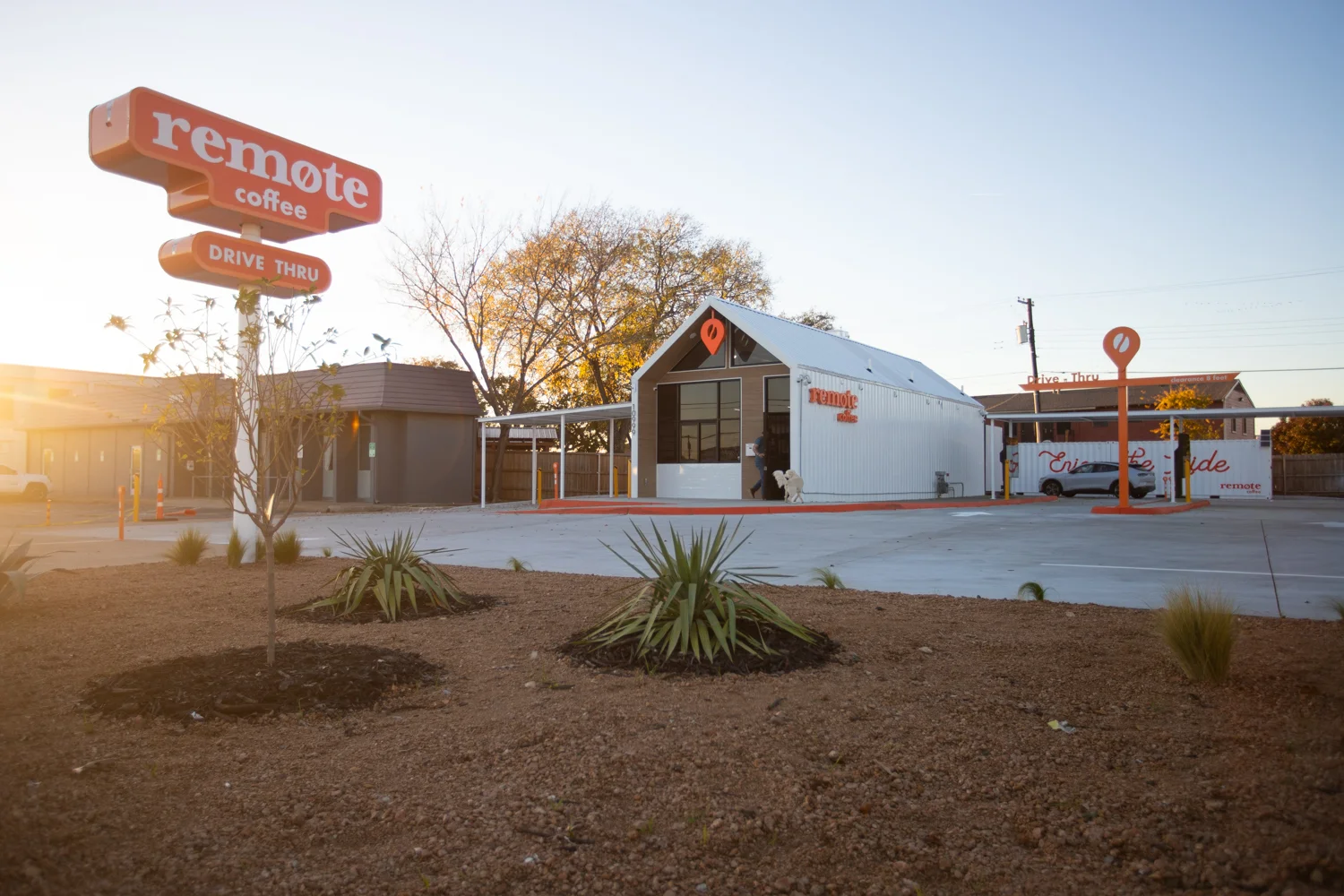 Modern coffee shop exterior with drive-thru