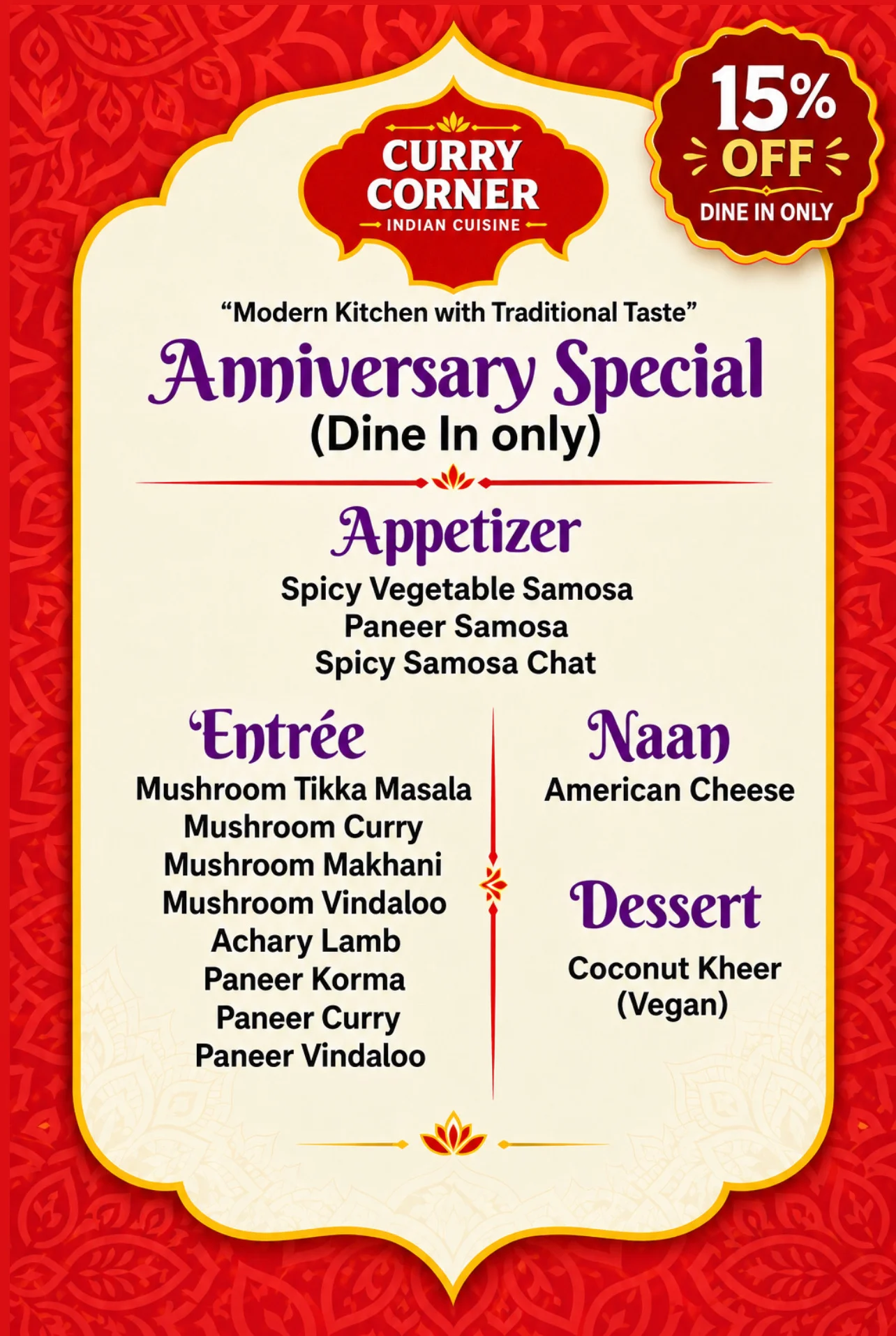 Curry Corner anniversary special menu announcement with discount offer