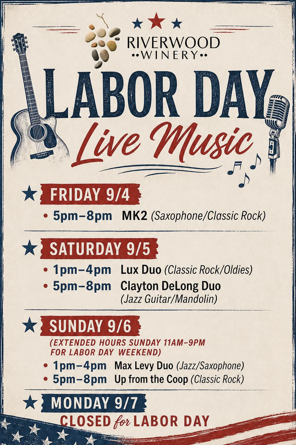 Labor Day live music schedule at Riverwood Winery with guitar and microphone graphics