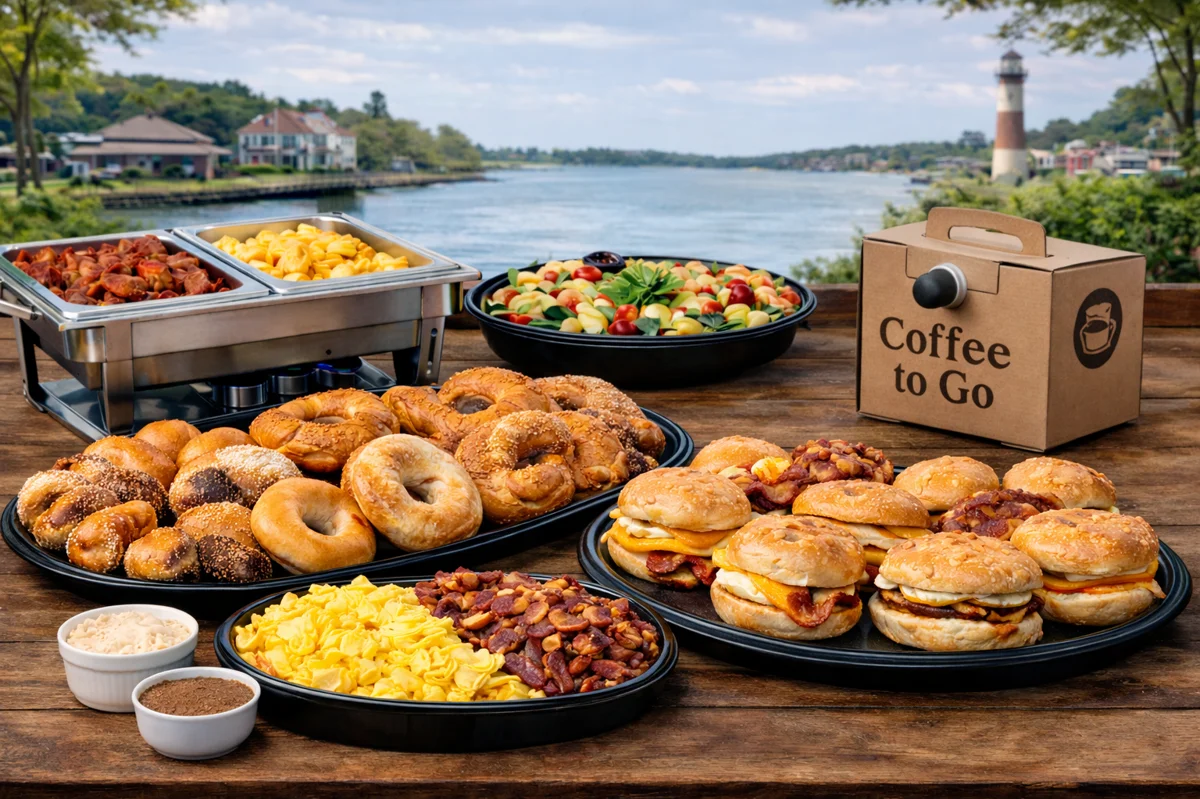 Breakfast catering in Brightwaters NY with bagels, egg sandwiches and coffee box from Brightwaters Village Deli