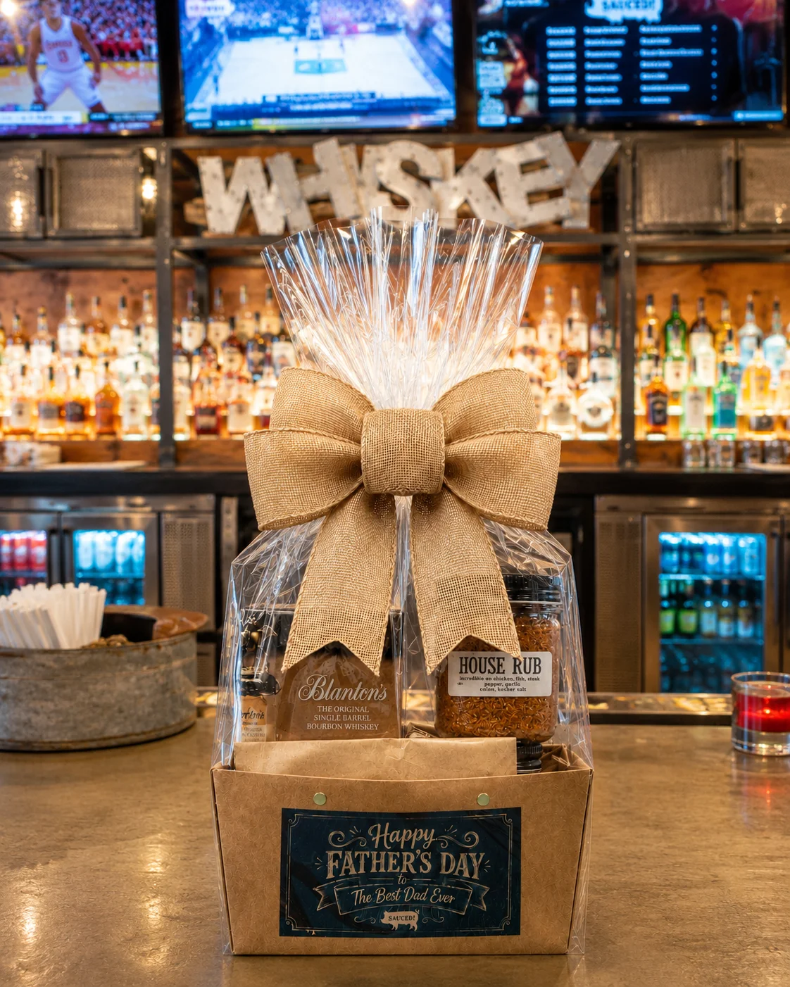 Gift basket with whiskey, bbq sauce and rub