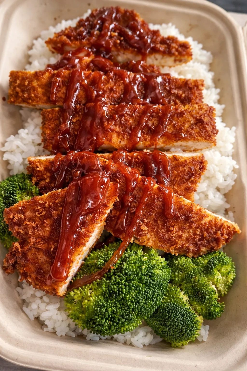 A dish with crispy breaded chicken served over rice, topped with a sweet sauce and accompanied by steamed broccoli.