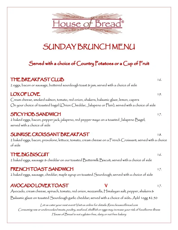 Menu of drinks and smoothies at House of Bread restaurant