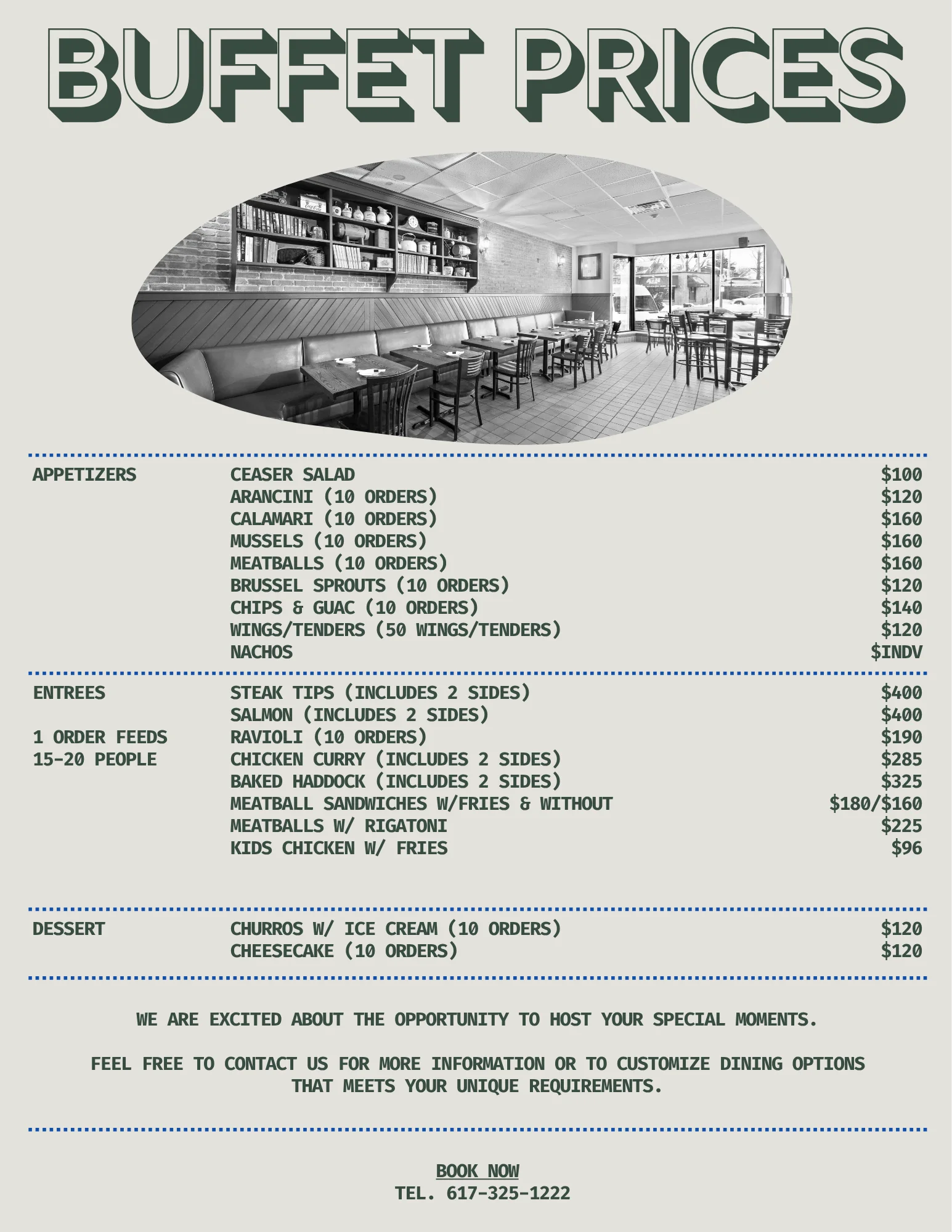 Restaurant buffet pricing flyer with dining room photo and catering menu