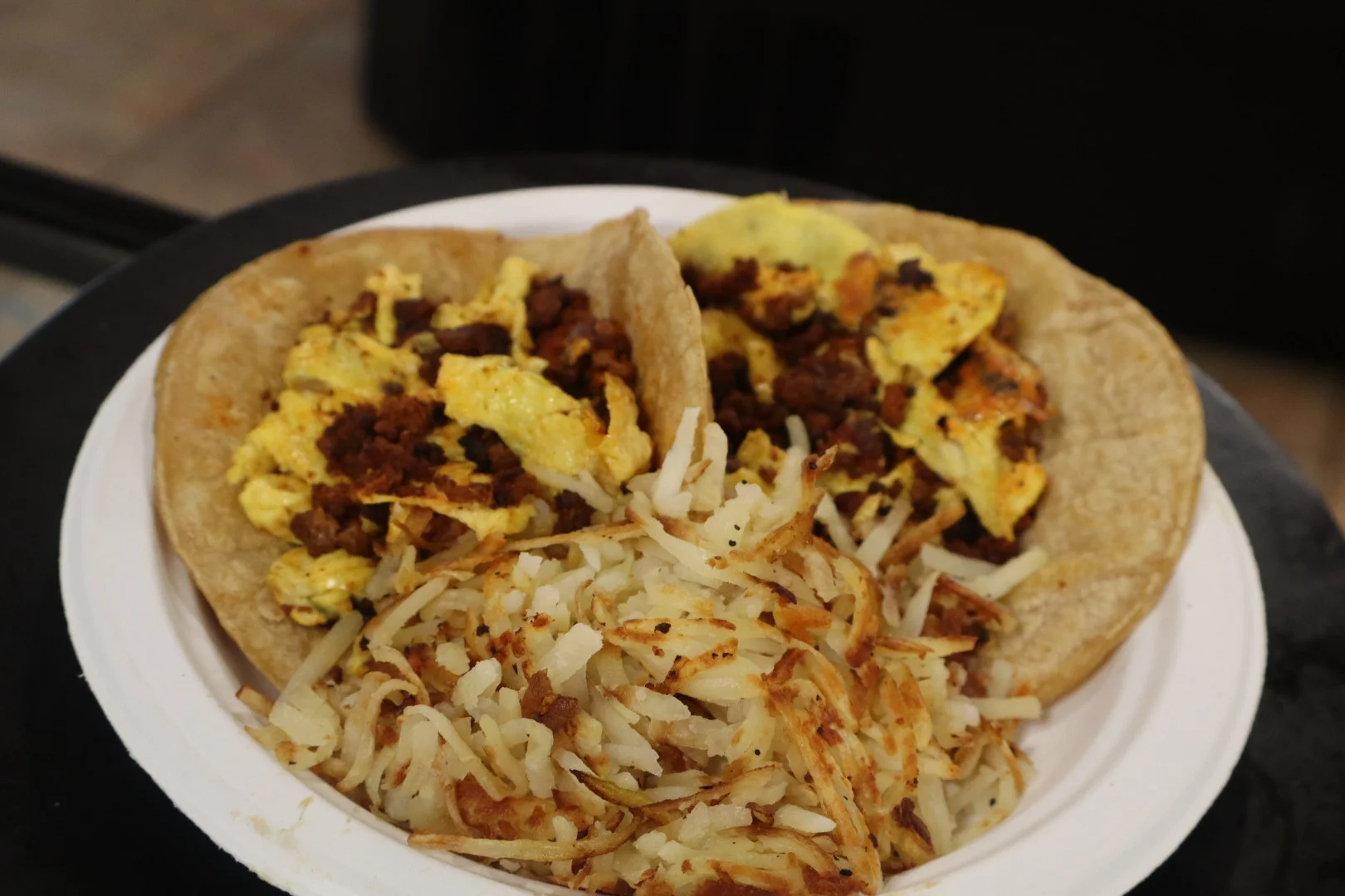 Breakfast tacos with chorizo and scrambled eggs