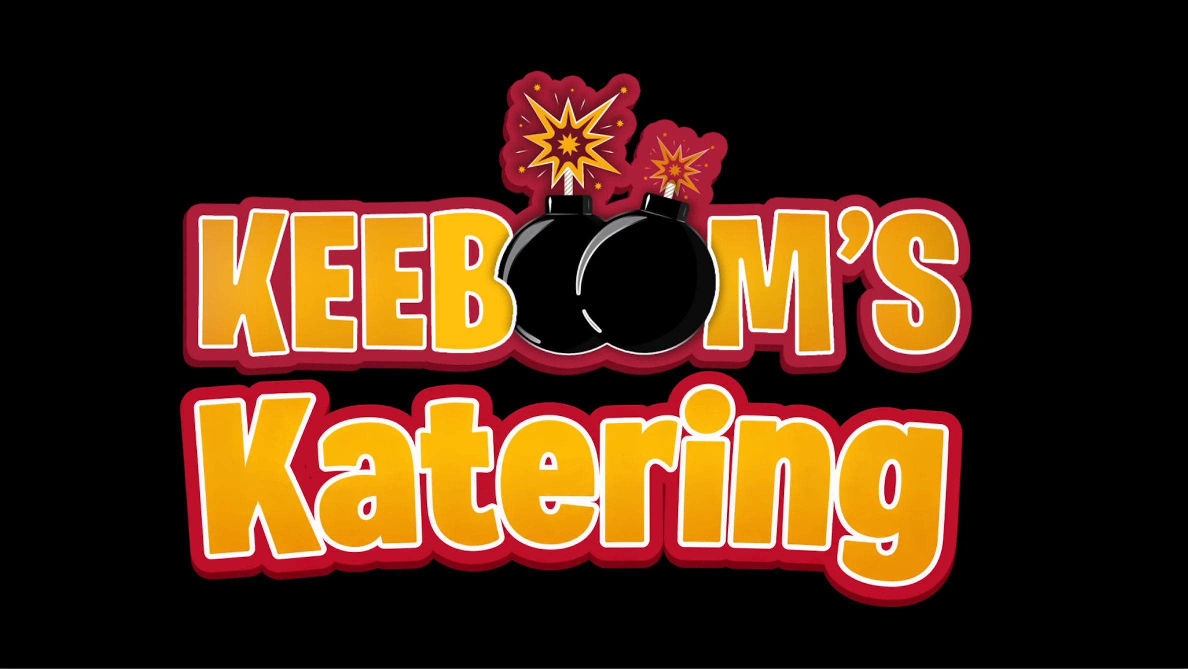 Colorful logo for Keeboom's Katering with bomb graphics