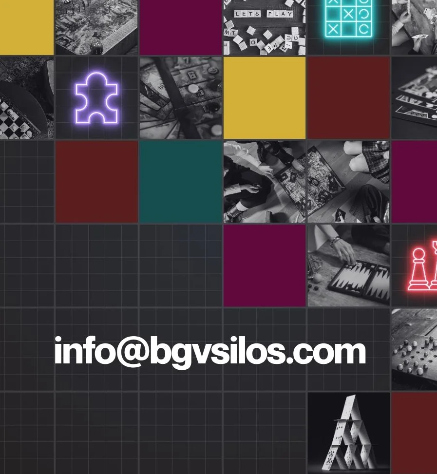 Collage of board games and gaming activities with contact information.