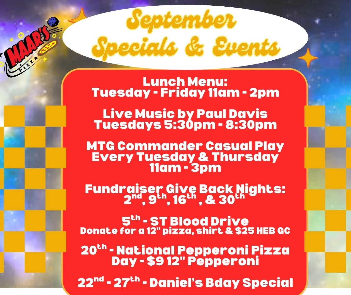 September events and specials at Maar's Pizza restaurant