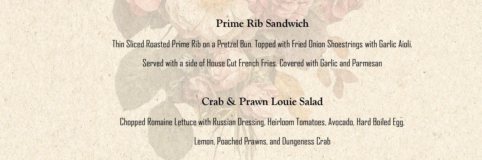 Mother's Day brunch menu featuring diverse dishes