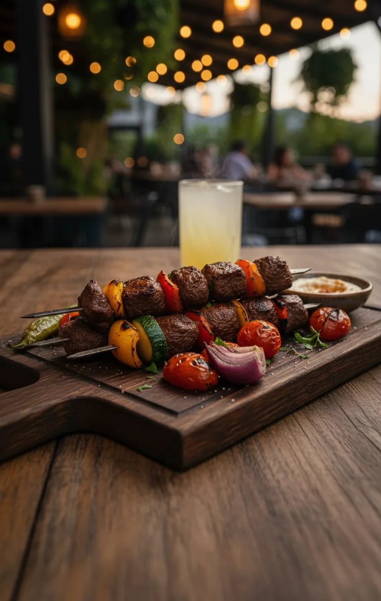 A wooden platter featuring beef shish kabab skewers interspersed with colorful vegetables like bell peppers, cherry tomatoes, and onions. A refreshing drink is visible in the background.