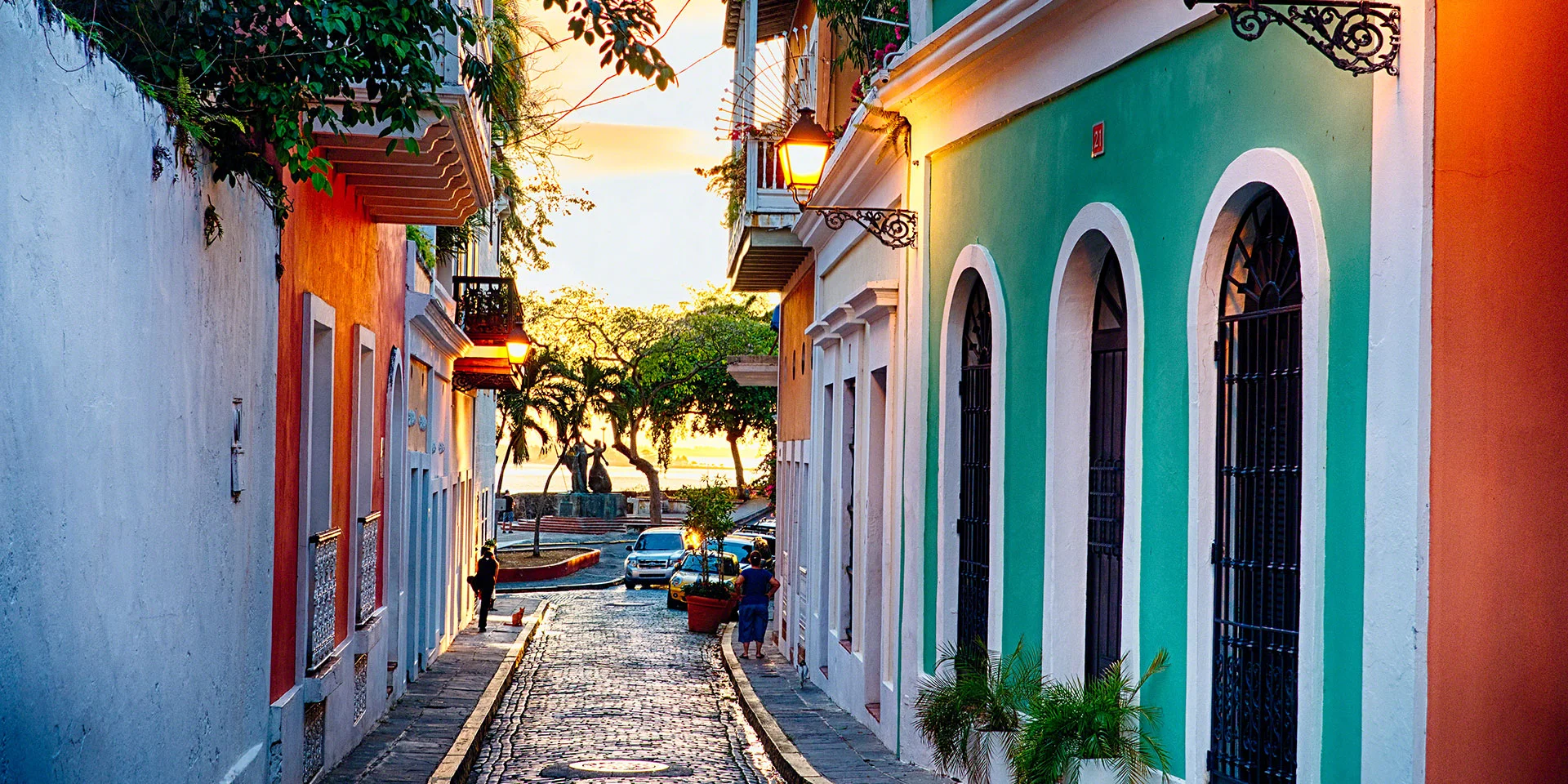Charming colorful street in Old San Juan, Puerto Rico at sunset
