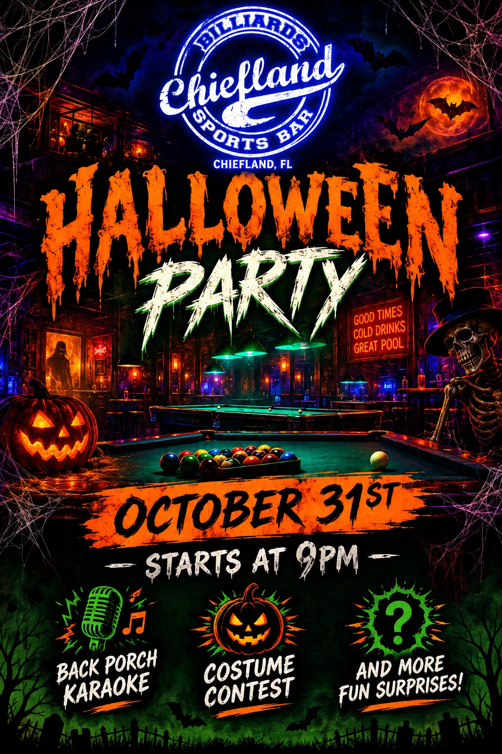 Halloween party poster for billiards sports bar with pool tables and costume contest