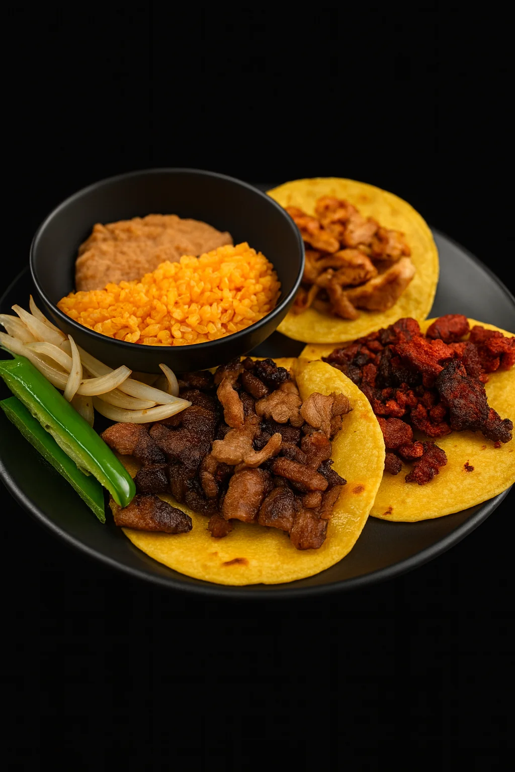 Authentic Mexican tacos with assorted meats and sides
