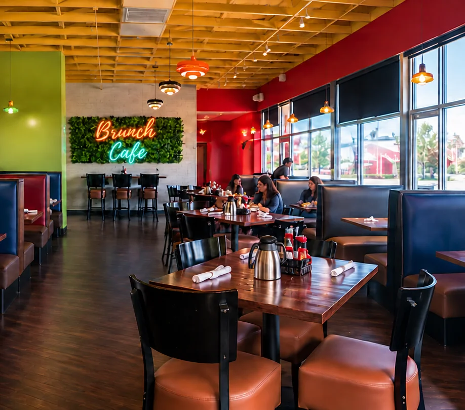 Bright modern cafe dining area with green chairs and pendant lighting