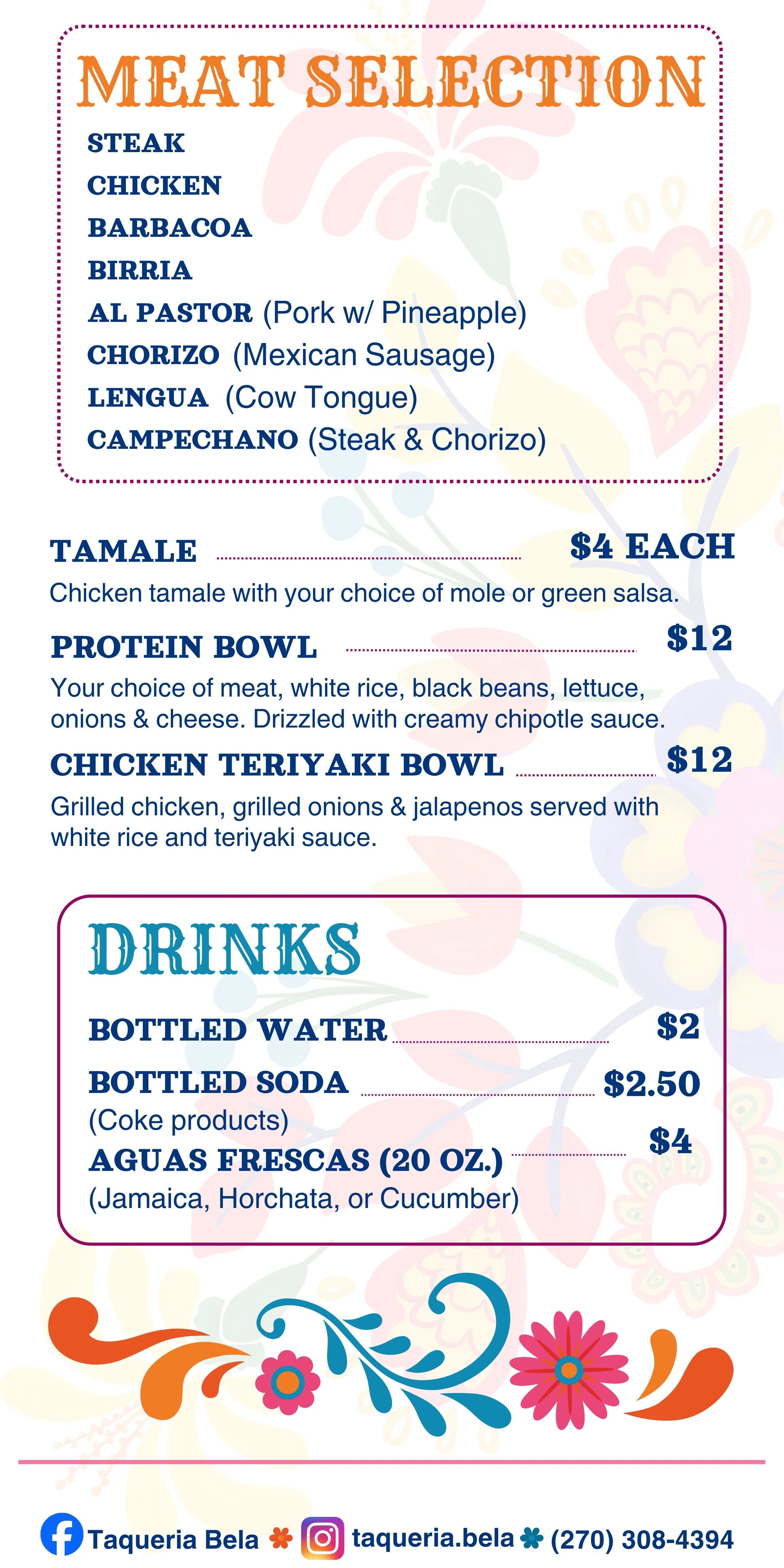Colorful menu showcasing Mexican meat selections and bowls at a taqueria