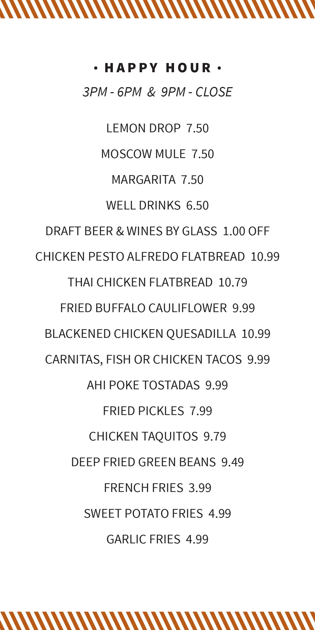 Happy hour menu featuring cocktails and appetizers