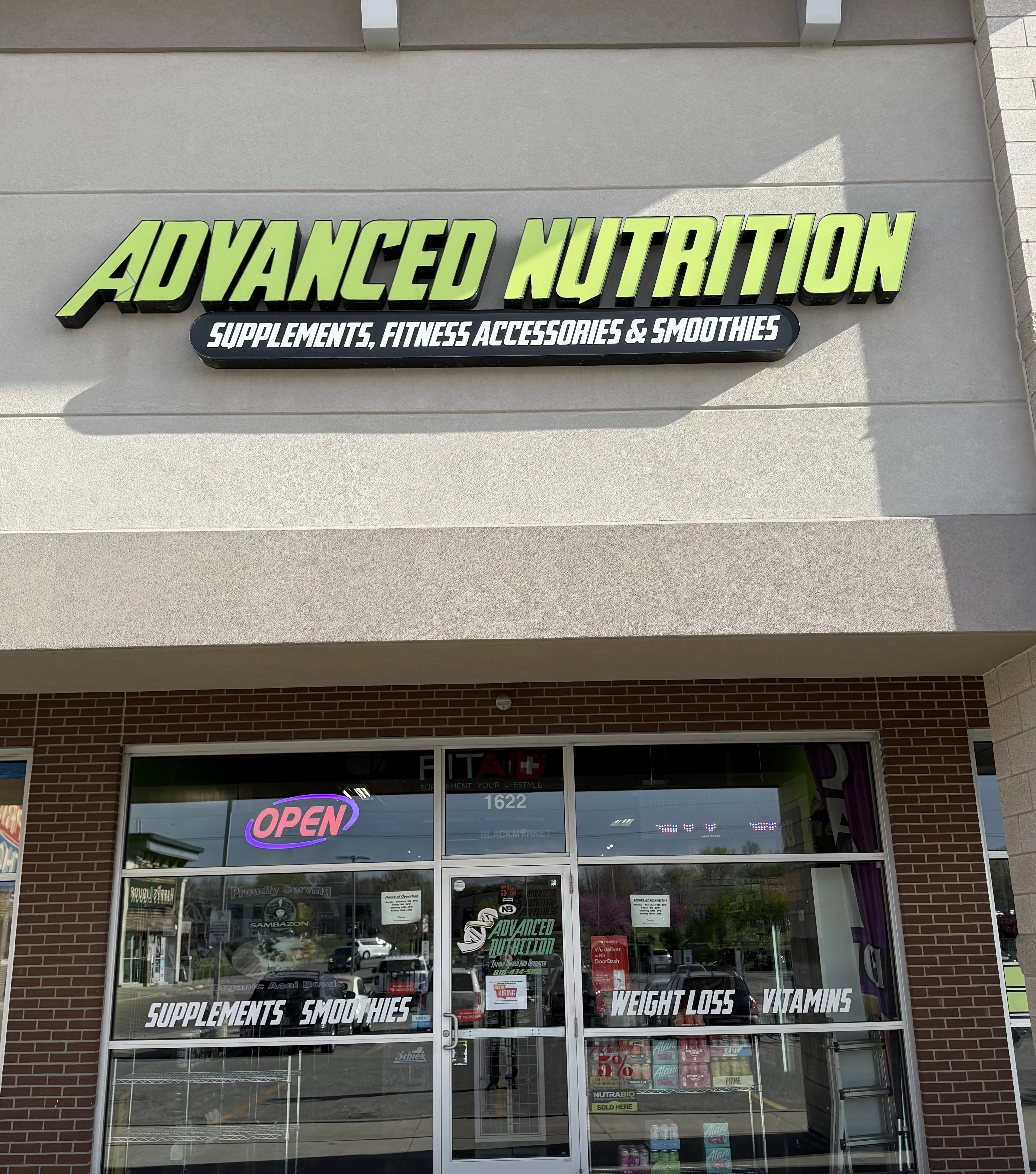Exterior of Advanced Nutrition store with supplements and smoothies