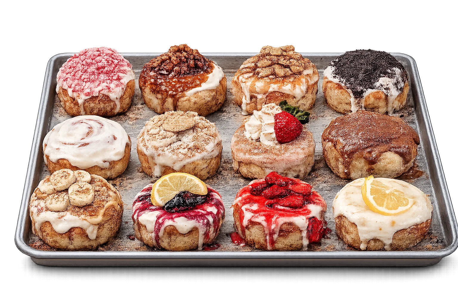 Assorted gourmet cinnamon rolls on a baking tray