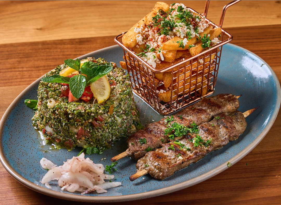 A Kafta Kebab Platter available on the Sufrat Grill Menu. 