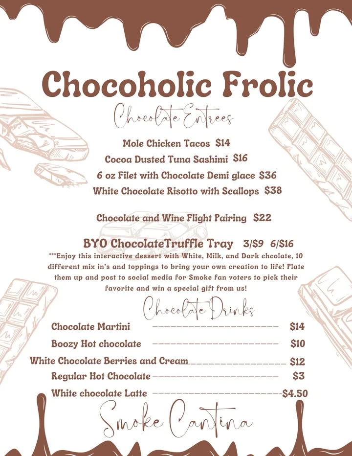 Chocolate-themed menu featuring unique entrees and drinks