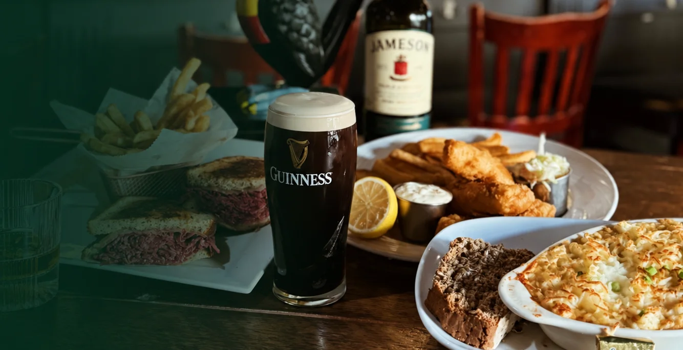 Guinness, Reuben sandwich, fish and chips, and shepherd’s pie at Mystic Rogue Irish Pub