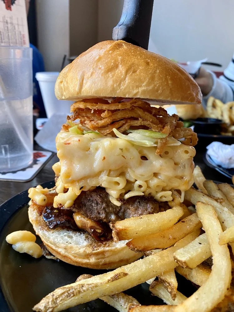 Restoration Brew Worx Tripel judgement steak burger with mac and cheese