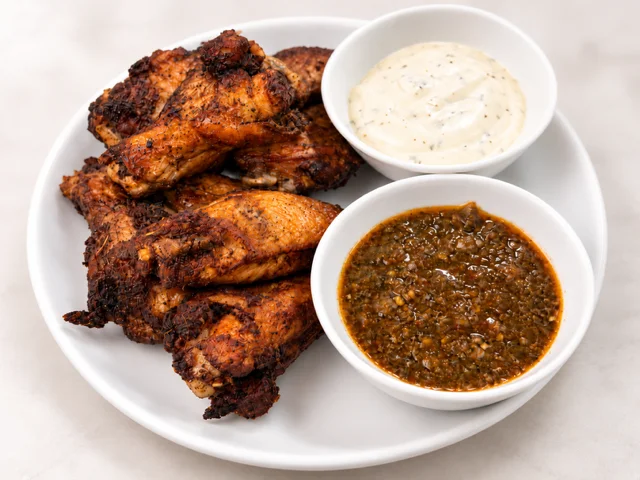 A platter of grilled chicken wings served with two sauces: a creamy one and a dark, rich sauce.