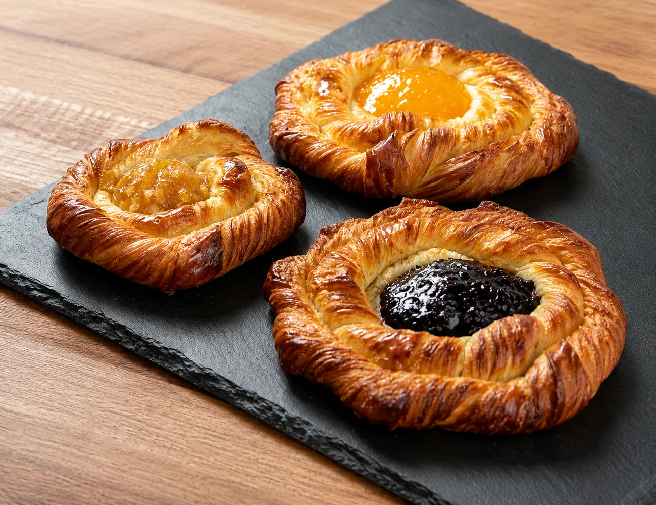 Three pastry danishes with fruit fillings on a slate board.