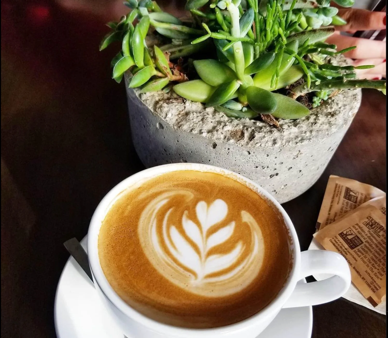Artisan latte with beautiful foam art in a cozy café setting