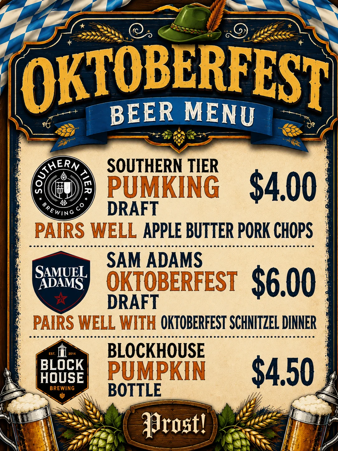 Oktoberfest beer menu featuring Southern Tier and Sam Adams selections