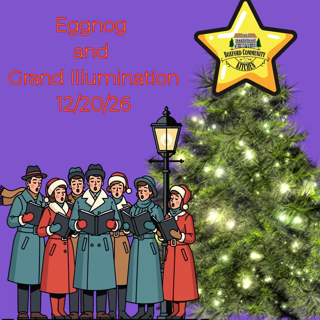 Christmas carolers celebrating with eggnog and holiday lights