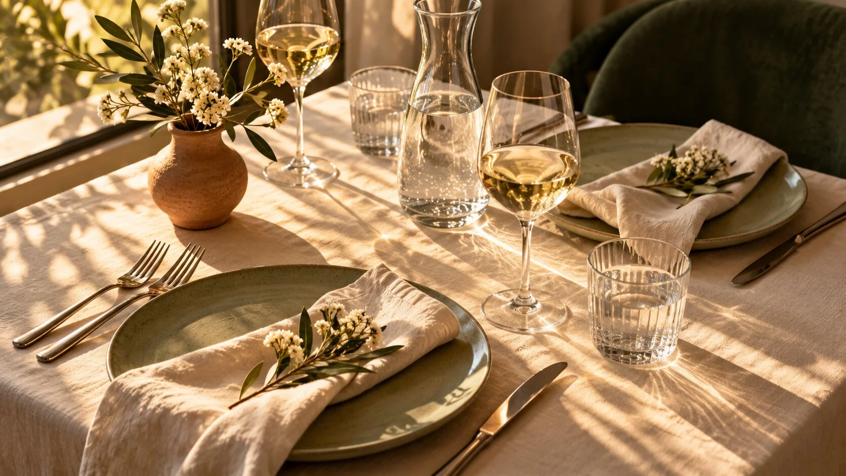 Elegant restaurant table setting with red and white wine glasses