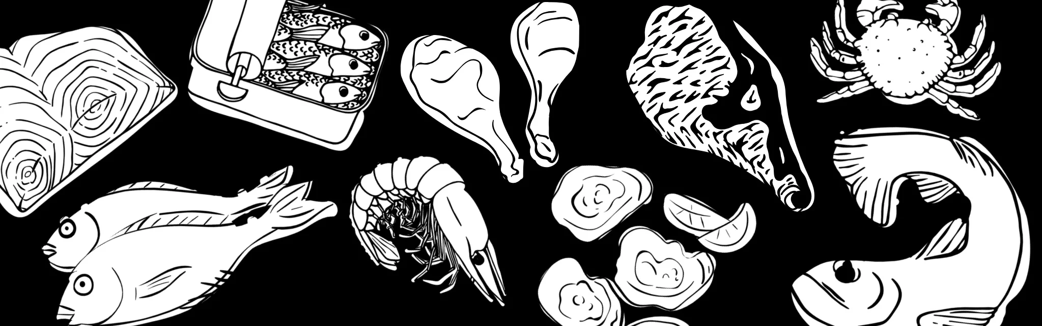 Illustration of various seafood including fish, shrimp, and crab