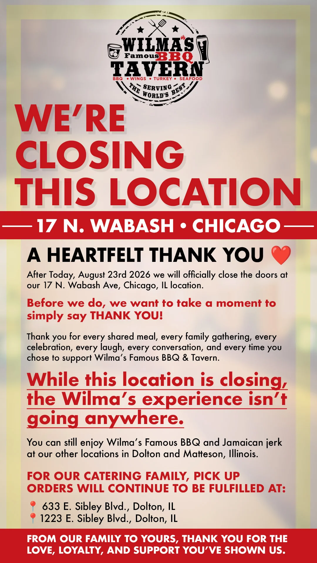 Announcement of Wilma's BBQ Tavern closing location in Chicago