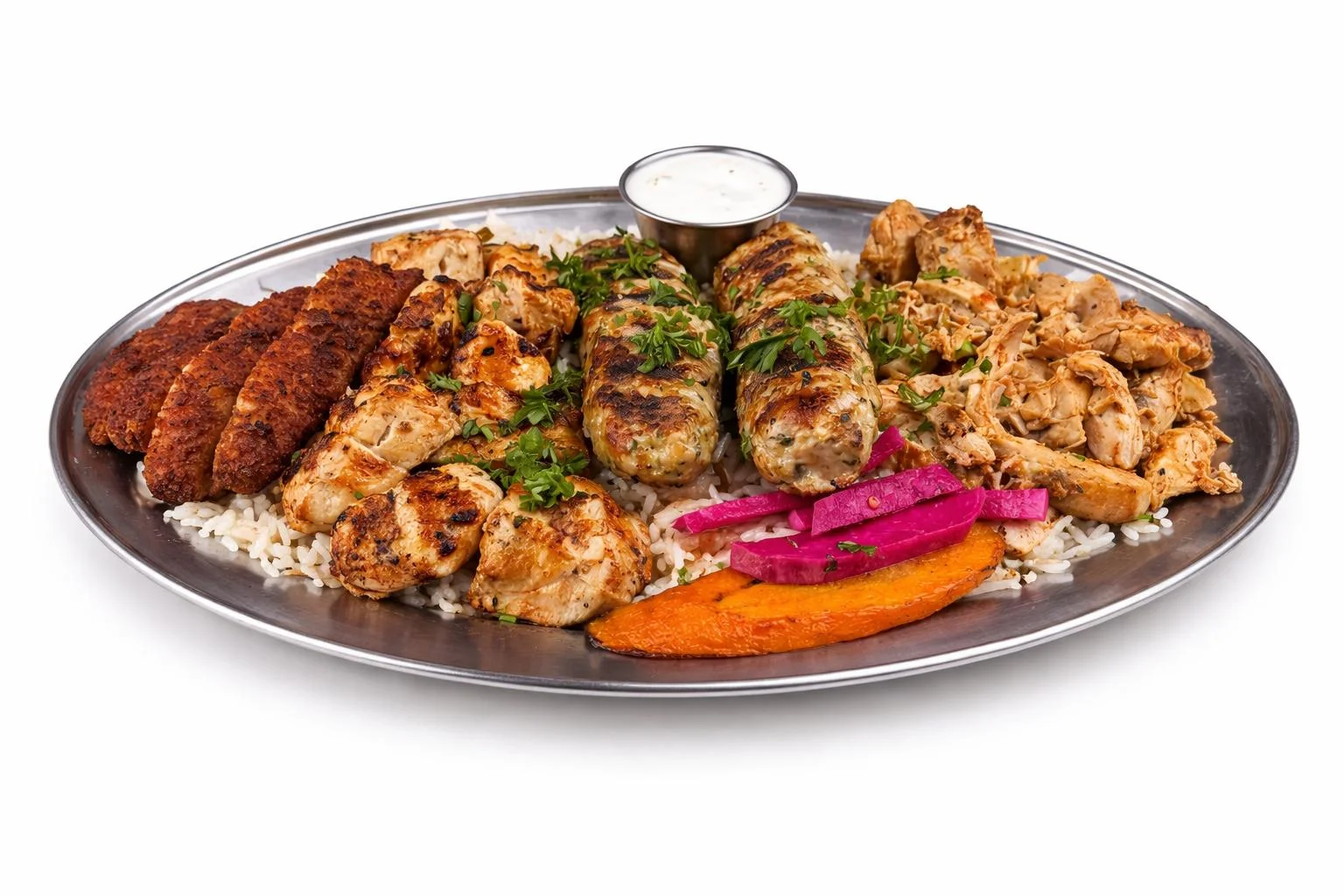 Mixed grill platter featuring kebabs and rice