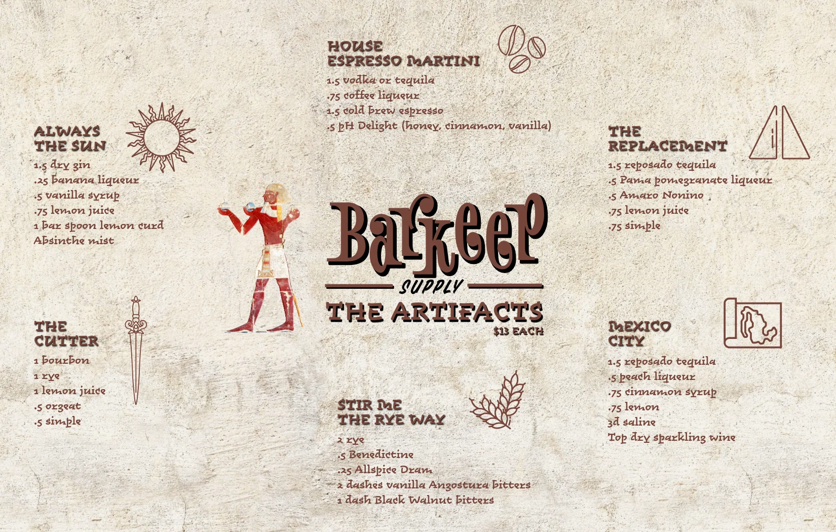 Artistic cocktail menu inspired by ancient Egypt