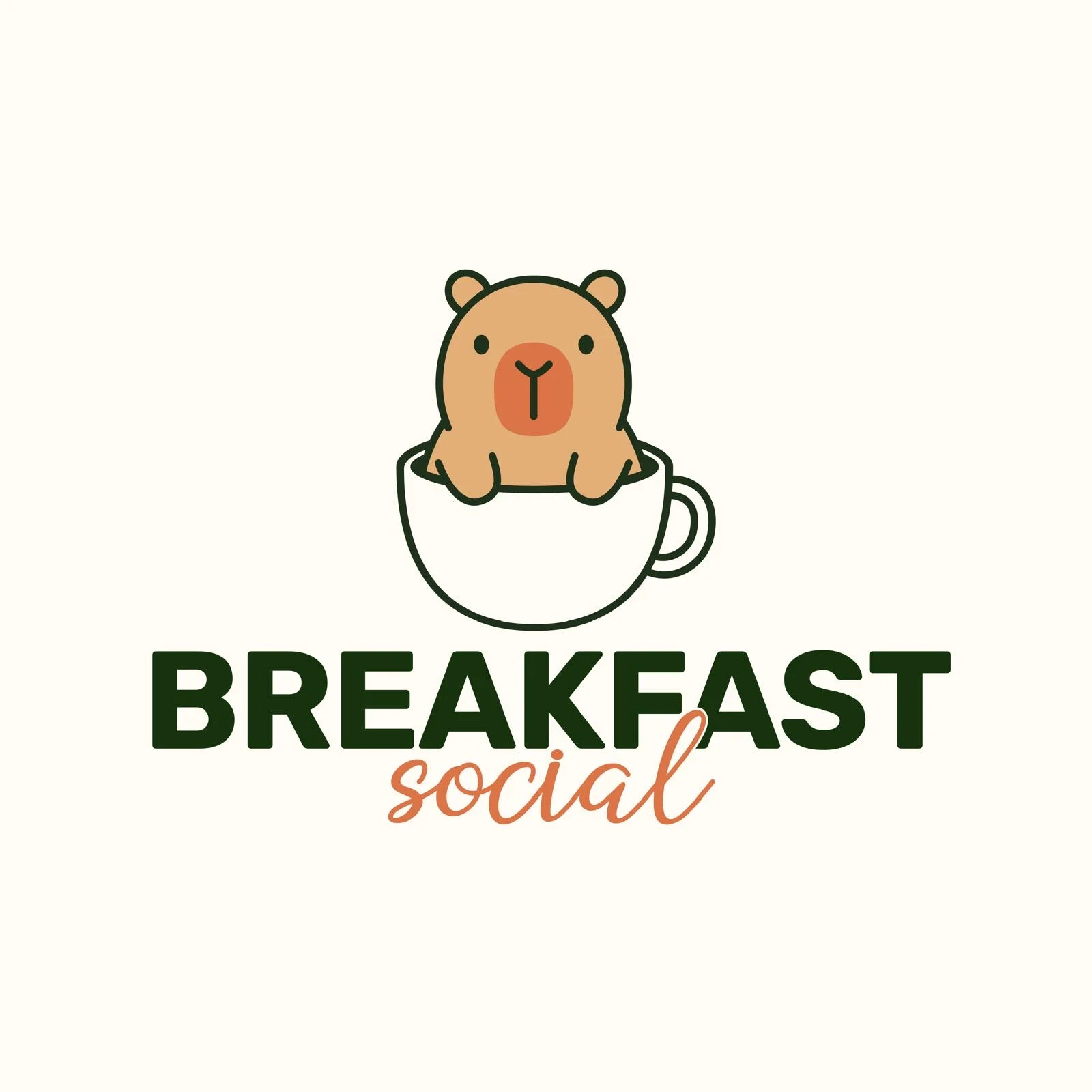 A playful logo featuring a cute bear sitting in a cup with the words 'BREAKFAST social' below.