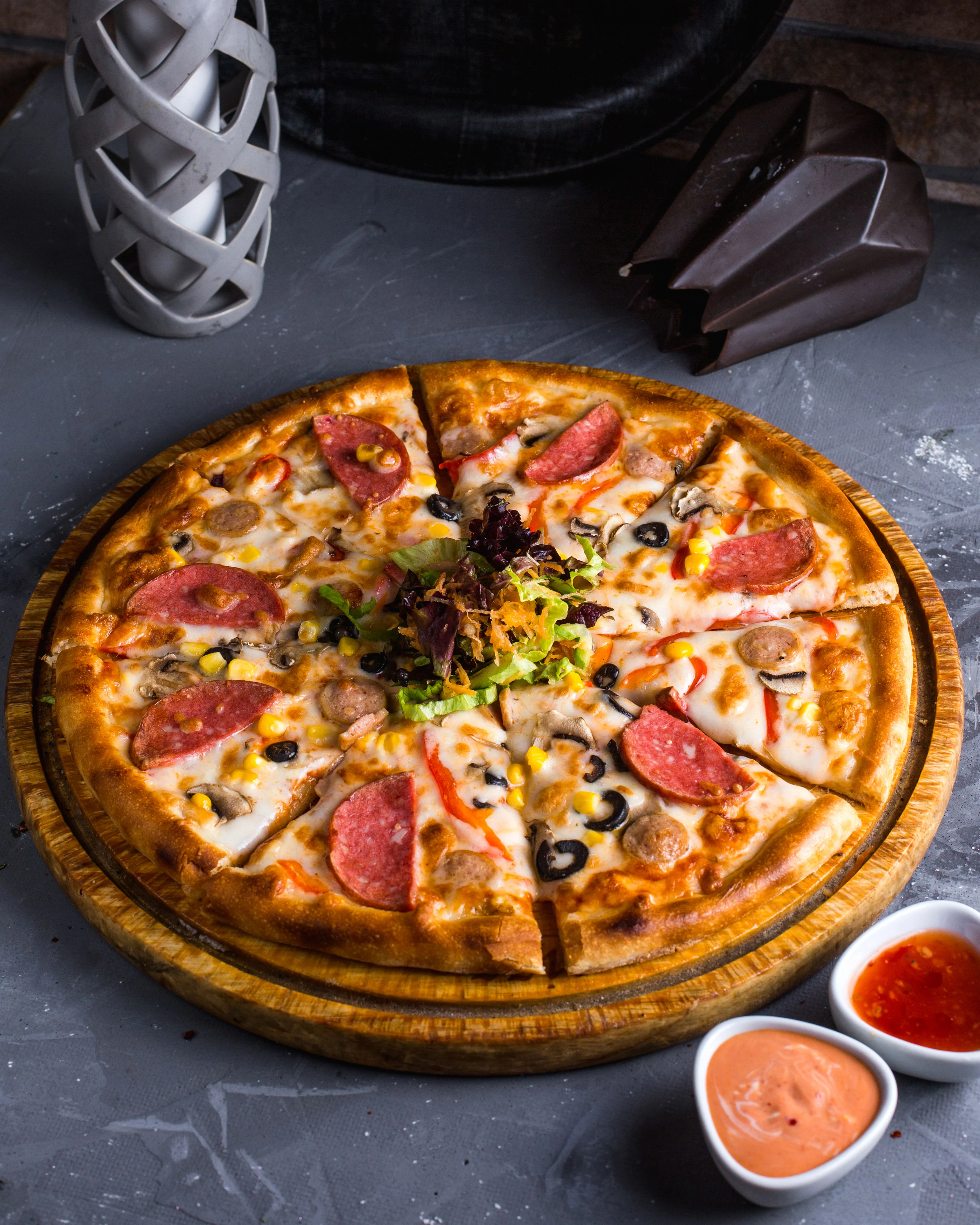 Delicious pepperoni and sausage pizza with fresh toppings