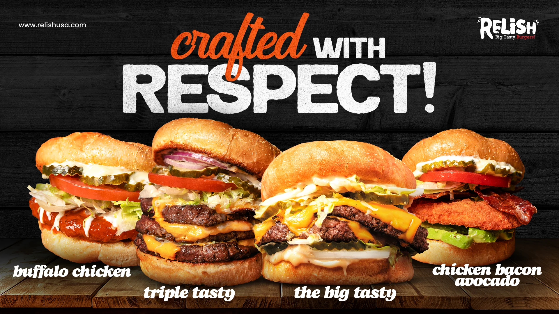 A delicious assortment of big tasty burgers with fresh toppings.