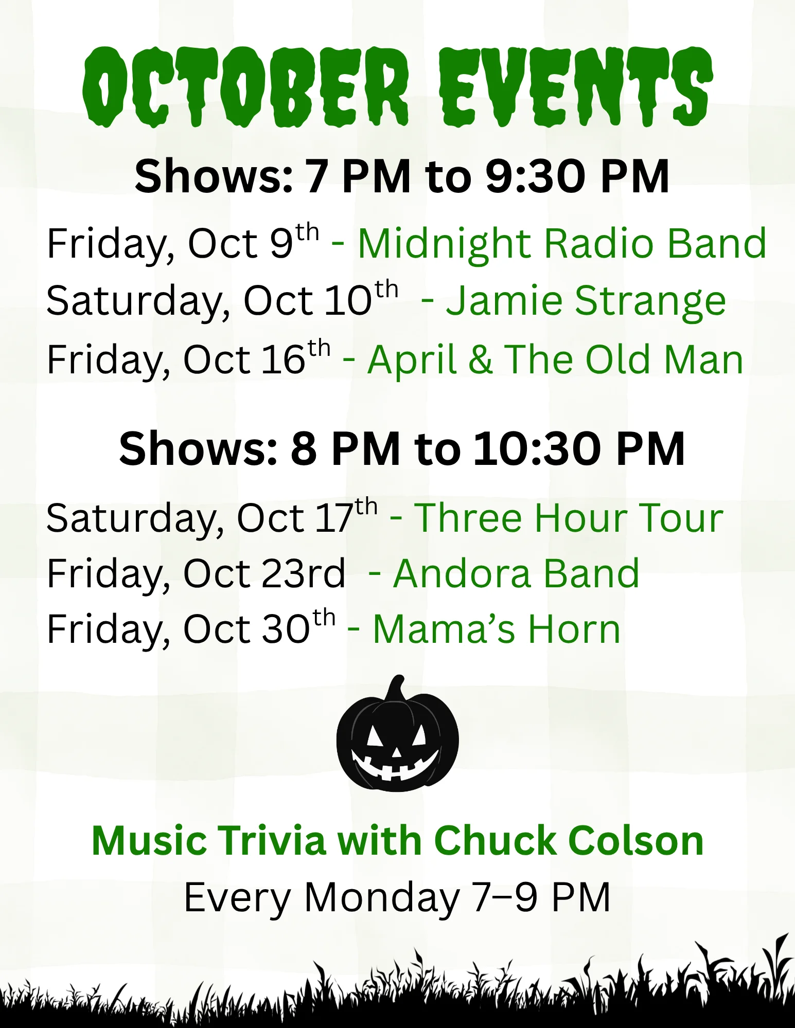 Summer events schedule with live music and trivia nights